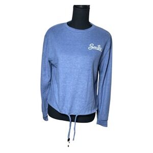 Dirtee Laundry Shirt Women's Small Blue Smile Stretch Drawstring Hem Long Sleeve